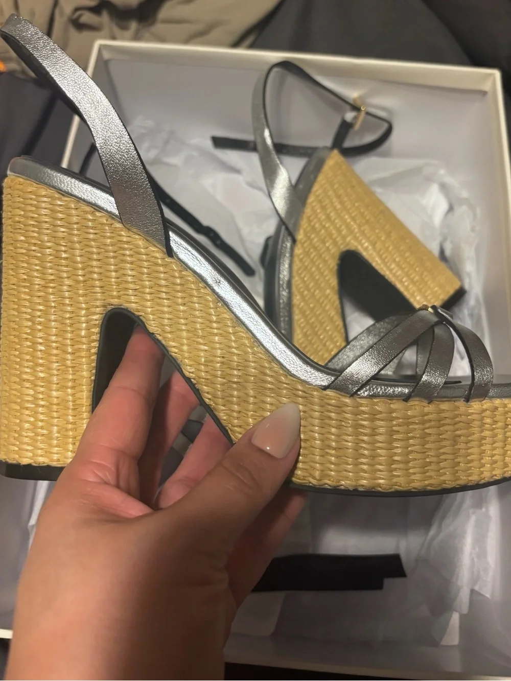 L'AGENCE Genevra Platform Sandals in Silver Leather